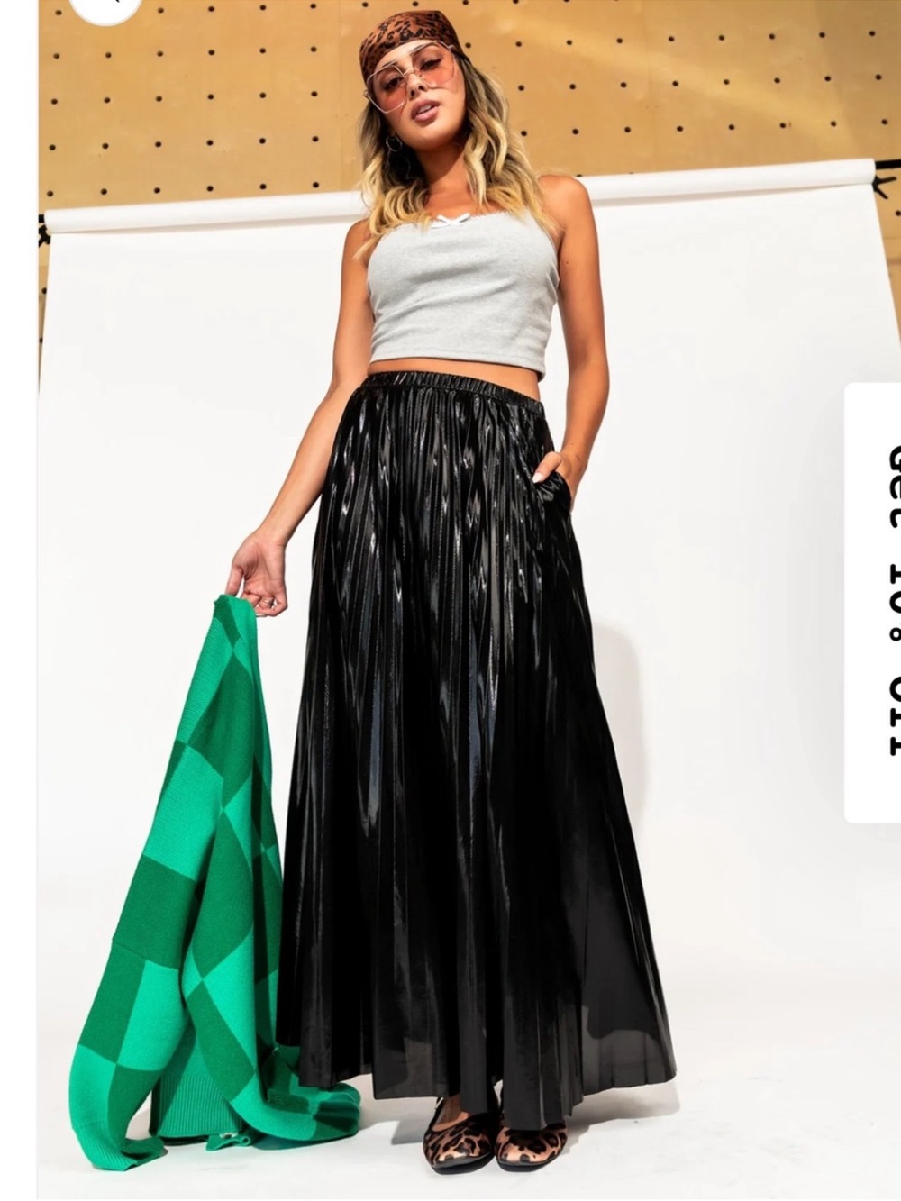 DRESSED IN LALA Black METALLIC Pleated Maxi Skirt SIZE LARGE NWOT